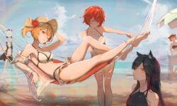 5girls animal_genitalia arknights barefoot beach bikini black_hair closed_eyes croissant_(arknights) exusiai_(arknights) eyyy female female_only hammock happy kemonomimi lappland_(arknights) legs light-skinned_female long_hair looking_at_viewer multiple_girls orange_hair pocky red_hair short_hair smile sora_(arknights) summer swimsuit tagme texas_(arknights) white_hair