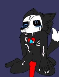 balls black_fur blue_eyes blush canine_penis cum_everywhere cum_on_body deadtale ear furry furry_only grabbing_ass hand_behind_ass hand_on_leg knot looking_up naked open_legs open_mouth red_penis riskaver riskaver_(artist) sitting tail yiff