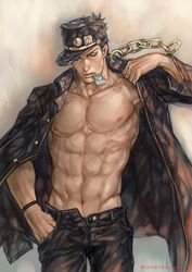 1boy abs artist_request barely_clothed belt cap chains closed_eyes jacket jeans jojo's_bizarre_adventure jotaro_kujo male male_only muscular muscular_male nipples safe simple_background solo_male stardust_crusaders tarot_card unknown_artist