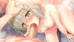 1boy bangs bathroom between_legs blush breasts censored collarbone completely_nude deep_one_kyomu_to_mugen_no_fragment dutch_angle eyebrows_visible_through_hair female game_cg green_eyes hair_between_eyes hand_between_legs hand_on_another's_head katya_(deep_one) mosaic_censoring navel nipples nude official_art oral penis shiny shiny_hair short_hair silver_hair small_breasts straight