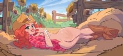 1girls ass blue_eyes boots booty_farm breasts checkered_shirt cowgirl eyelashes farm farmgirl freckles ginger lipstick looking_at_viewer lying_on_ground lying_on_side mindy_(booty_farm) mostly_nude nutaku pose red_hair smile solo spank_marks spanked tender_troupe