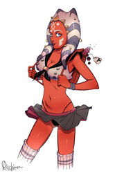 1girls accessories ahsoka_tano alien_girl aline ass_visible_through_thighs bag black_thong disclaimer facial_markings female female_only horn keychain microskirt panties piercing piercings school_uniform simple_background skirt skirt_lift socks solo standing star_wars stockings tentacle tentacle_hair the_clone_wars:_season_four underwear white_background young