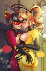 2girls blushing breasts_out chloe_bourgeois female_only heroine kagami_tsurugi laurencel_art miraculous_ladybug multiple_girls nipples queen_bee_(character) ryuko_(character)