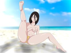 1girls ass barefoot beach bikini_bottom boruto:_naruto_next_generations breasts brown_hair distancesow feet feet_up female female_focus female_only foot_fetish hand_bra handbra hyuuga_hanabi leg_lift leg_up legs naruto naruto_(series) ocean outdoors outside pale-skinned_female pale_skin panties partially_clothed purple_eyes sitting soles solo solo_female solo_focus thighs thong toes topless topless_female yellow_panties yellow_thong