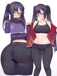 absurd_res ass belly_button big_ass black_hair bra breasts female genshin_impact green_eyes gym_clothes highres jacket_removed kuavera midriff mona_(genshin_impact) navel pantylines ribbon simple_background sports_bra sports_jacket sportswear thick_thighs tight_clothing tight_fit tight_pants track_jacket twintails white_background wide_hips yoga_pants