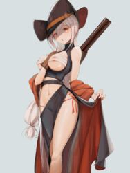 bandage big_breasts clothing cowboy_hat double-barreled_shotgun eyyy female firearm human pale_skin shotgun weapon white_hair