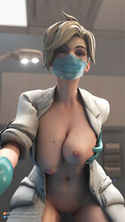 1girls 3d angela_ziegler big_breasts blizzard_entertainment blonde_hair blue_eyes breast_grab breast_rub doctor exposed_breasts exposed_pussy lab_coat lab_coat_only light-skinned_female looking_at_viewer mask medic medical_gloves mercy overwatch pussy shaved_pussy solo surgical_mask unprofessional_behavior vagina yakinowo