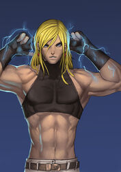 1boy barely_clothed belt benimaru_nikaido doghateburger electricity jeans king_of_fighters light_blue_eyes looking_at_viewer male_only muscular muscular_male safe simple_background snk solo_male