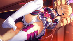 bangs blonde_hair blue_eyes blurry blurry_background breasts censored character_request cleavage closed_mouth deep_one_kyomu_to_mugen_no_fragment detached_sleeves dress dress_lift drill_hair eyebrows_visible_through_hair eyelashes female footjob from_below game_cg hair_between_eyes hair_ornament lifted_by_self long_hair long_sleeves looking_at_viewer mosaic_censoring neck_ribbon official_art panties penis purple_sleeves red_ribbon ribbon shiny shiny_hair small_breasts smile thighhighs twin_drills underwear white_legwear white_panties