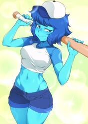 1girls alien alien_girl alien_only bare_stomach baseball_bat baseball_cap belly belly_button blue_eyes blue_female blue_hair blue_midriff blue_navel blue_shorts blue_skin blush breasts cartoon_network clothed clothing crop_top cute dark_blue_hair denim denim_shorts elbow elbows eyelashes female female_focus female_only gem_(species) glistening hair hat hips holding_object jcm2 jean_shorts lapis_lazuli_(bob) lapis_lazuli_(gem) lapis_lazuli_(steven_universe) light_blue_skin looking_to_the_side midriff midriff_baring_shirt navel raglan_sleeves shiny_skin shirt short_blue_hair short_hair short_shorts short_sleeves shorts smile smiling solo solo_female standing steven_universe stomach thighs tummy