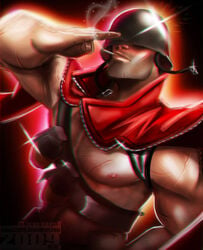 1boy axouel2009 beard covered_eyes grenades hand_grenades male_only muscular muscular_male scar scars shirtless simple_background soldier_(team_fortress_2) solo_male team_fortress_2 valve watermark