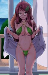 bikini brown_eyes brown_hair glasses large_breasts leaf leaf_bikini long_hair mamizou_futatsuiwa nioti o-ring_bikini tagme touhou towel