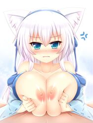 1boy anger_vein animal_ears blue_eyes blush breast_grab breast_squeeze breasts breasts_out cat_ears collarbone eyebrows_visible_through_hair female grabbing gradient gradient_background hairband highres japanese_clothes kane-neko kimono large_breasts long_hair nipples off_shoulder original paizuri pov silver_hair solo_focus straight wavy_mouth