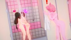 3d 3d_(artwork) 3girls black_eyes black_sclera brown_hair celestialslewds female green_hair kissing koikatsu love_heart mina_ashido my_hero_academia naked naked_female nude nude_female ochako_uraraka pink_hair pink_skin shocked shower shower_room shower_sex shower_stall showering surprised tagme towel tsuyu_asui walked_in_on yuri