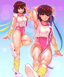 1girls 2021 armpits breasts brown_eyes brown_hair cashumeru curvaceous exercise female fit fit_female gainax gunbuster headband human large_breasts leotard light-skinned_female light_skin looking_at_viewer noriko_takaya pilot_suit shirt short_hair socks solo sweat sweaty thick_thighs wide_hips