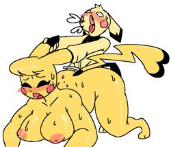 anthro anthro_on_anthro blush boobs cosplay_pikachu cum cum_on_body downward_dog drawing drawn female female_penetrating grabbing holding_hands male male_penetrating_female nintendo pichu pikachu pokémon_(species) pokemon sex susuoro sweat sweating