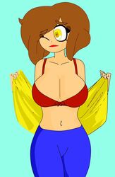 alternate_version_available brown_hair fnafhs fnafhs_z3ro freddy's_mom_(fnafhs) mama_de_freddy_(fnafhs) martha_(fnafhs) milf removing_shirt showing_breasts wex yellow_eyes