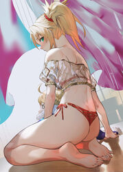 1girls ass ass_focus bare_legs bare_shoulders barefoot blonde_hair blush bra breasts fate/apocrypha fate/grand_order fate_(series) feet female female_only green_eyes hair_ornament hair_scrunchie high_ponytail kneeling lingerie looking_at_viewer mordred_(fate) off_shoulder pale-skinned_female pale_skin panties ponytail salmon88 seiza shirt sitting solo thighs toes transparent_clothing underwear