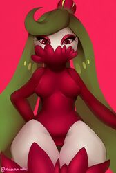 breasts cameltoe clothed clothing elemental_creature eyeshadow female flora_fauna green_hair hair hand_on_hip hi_res humanoid looking_at_viewer macaronneko makeup mammal narrow_shoulders nintendo nipple_bulge not_furry pink_background plant pokémon_(species) pokemon pokies red_background red_eyes simple_background small_breasts solo standing thick_thighs thin_arms tsareena video_games white_body wide_hips