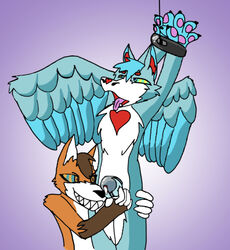 anthro bindings black_nose blue_body blue_eyes blue_hair bound canid canine chastity_cage chastity_device cum_leaking duo dutch_angel_dragon fenn_(furry_trashcan) fox furry_trashcan_(artist) grin hair heart_marking hi_res leaking male male/male mammal orgasm_denial ringed_eyes sharp_teeth smile teasing teeth tongue tongue_out wings