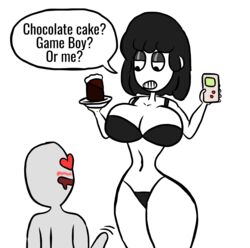 1boy 1boy1girl 1girls big_breasts bikini black_bikini black_hair blush breasts cake chocolate_cake chocolate_cake_gameboy_and_me corndogjoe curvy erection game_boy goth heart_eyes imminent_sex meme original_character penis picket_fences_(series) reference seducing short_hair skimpy_clothes speech_bubble taller_girl text throbbing_penis veronica_(saltynoodles) voluptuous white_skin wide_hips