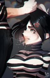 angry big_breasts black_eyes black_hair cheek_bulge color hair hair_pull hair_pulling henriette_the_mime invisible_penis looking_at_another makeup mime mime_girl oral pale_skin pokilewd saliva saliva_string saliva_trail striped_clothing stripes tagme throat_fuck unseen_male_face