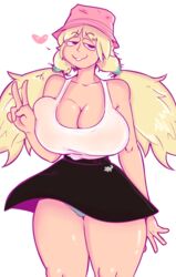 2018 big_breasts big_hair black_skirt blonde_hair breasts clothed hair heart high honeyboyy long_hair no_eyewear original panties peace_sign shannon_(honeyboyy) simple_background skirt thick_thighs thighs upskirt v white_background