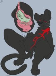 anthro black_body black_fur digestion duo felid fur male mammal melanistic pantherine red_eyes red_tattoo size_difference smaller_male tinydumbkity unseenpanther vore