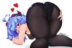 1girls ass ass_grab blue_hair blush bodysuit ganyu_(genshin_impact) genshin_impact hearts horns looking_at_viewer looking_back presenting_hindquarters solo zealyush