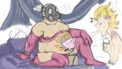 2boys age_difference alemage blonde_hair blush coffee funny gray_hair grey_hair junkrat larger_male latex latex_clothing latex_gloves latex_thighhighs mako_roadhog male male_only mask masked nipple_piercing older_male overwatch overwatch_2 pachimari pink_latex roadhog shocked_expression skinny_male sweat sweatdrop tattoo tattoos toy younger_male