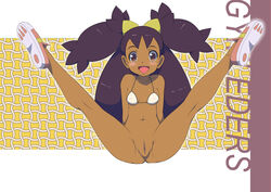 1girls :d arms_behind_back bangs big_hair bikini bikini_top blush brown_eyes commentary_request covered_nipples dark-skinned_female dark_skin female full_body gym_leader highres iris_(pokemon) iris_(pokemon_bw) legs_up long_hair looking_at_viewer makoto_daikichi navel open_mouth outline pink_footwear pokemon pokemon_(game) pokemon_bw purple_hair pussy shoe_soles shoes small_breasts smile solo spread_legs swimsuit teenager tied_hair tongue two_side_up