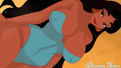 1001_nights 1girls aladdin big_ass big_breasts bimbo black_hair breasts brown_body brown_eyes brown_skin busty cleavage curvaceous curvy curvy_figure dark-skinned_female dark_skin discreenvision disney disney_princess earrings eyeshadow female female_only hips hourglass_figure human inusen large_breasts legs lipstick long_hair looking_at_viewer makeup nipple_bulge olive_skin piercing princess princess_jasmine red_lips red_lipstick royalty seductive thick thick_legs thick_thighs thighs toned toned_female very_long_hair voluptuous watermark wide_hips