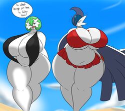 ! 2girls anthro beach belly belly_bulge belly_button bikini bikini_top blue_hair chubby cleavage curvy dialogue enormous_ass enormous_breasts female_gallade gallade gardevoir green_hair hallase holly_(igph) huge_breasts igphhangout mega_gallade multiple_girls oceania_(igph) open_mouth pokémon_(species) pokemon pokemon_(species) red_eyes rule_63 shiny_pokemon short_hair sling_bikini speech_bubble swimsuit text thick thick_thighs top_heavy voluptuous white_skin wide_hips