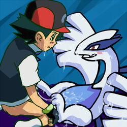 ambiguous_gender avian baseball_cap blush bottomless fingerless_gloves furry garuruspring gloves lugia pokemon pokemon_(anime) pokemon_(species) pokephilia red_eyes satoshi_(pokemon) size_difference socks