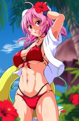 bikini innertube kasen_ibaraki large_breasts nioti pink_eyes pink_hair red_flower swimsuit_under_swimsuit tagme touhou