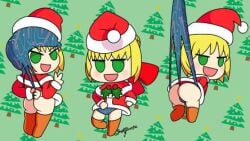 ass atomic_wedgie christmas christmas_hat christmas_outfit christmas_underwear fate_(series) green_eyes hanging_wedgie holidays looking_at_viewer looking_back nero_claudius_(fate) padoru padoru_(meme) panties semidraws underwear wedgie