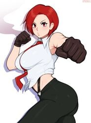 1girls afrobull attacking_viewer blush eyebrows_visible_through_hair female female_only fist king_of_fighters large_breasts red_eyes red_hair short_hair short_red_hair snk tagme vanessa_(kof) white_background