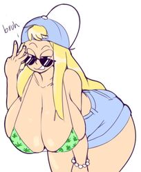 adjusting_eyewear adjusting_glasses backwards_baseball_cap backwards_cap backwards_hat baked baseball_cap bead_bracelet beads big_breasts bikini_top blonde_hair blue_baseball_cap blue_cap blue_hat booty_shorts breasts cap cleavage glasses hat high honeyboyy huge_breasts looking_over_eyewear looking_over_glasses looking_over_sunglasses original shannon_(honeyboyy) short_pants short_shorts simple_background sunglasses thighs tinted_eyewear weed what white_background