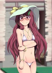 blush brown_eyes brown_hair glasses leaf long_hair mamizou_futatsuiwa micro_bikini nioti small_breasts sun_hat tagme touhou