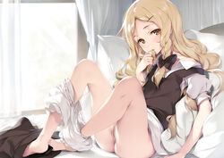 barefoot bed blonde_hair bloomers bow braids brown_eyes ke-ta long_hair marisa_kirisame nopan pussy third-party_edit touhou uncensored