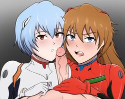 1boy 2girls angry asuka_langley_sohryu big_penis blue_eyes blue_hair blush clothing fellatio ffm_threesome latex light-skinned_female light-skinned_male light_skin lolo_mp3 neon_genesis_evangelion plugsuit red_eyes red_hair rei_ayanami skin_tight threesome tsundere