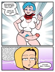 1futa 1girls 2koma android_18 balls balls_in_panties big_penis blonde_hair bottomless breasts bulma_briefs clothed clothing dialogue dirty_talk dragon_ball dragon_ball_z duo female futanari futanari_transformation getting_horny half-closed_eyes hand_on_hip human light_skin milf no_eyewear pale_skin partially_clothed penis penis_awe penis_growth post_transformation pubic_hair scarf secretly_loves_it shamefuldisplay short_hair size_talk smug standing temptation tempting_another text thought_bubble uncensored unimpressed