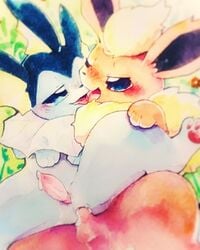 anal anal_sex animal_genitalia animal_penis anus balls blue_eyes bodily_fluids cum duo eeveelution feral flareon french_kissing fur genital_fluids genital_slit genitals kissing male male/male male_only male_penetrated male_penetrating male_penetrating_male male_vaporeon nintendo open_mouth penetration penile penis pokémon_(species) pokemon sex simple_background slit trem_trrn vaporeon video_games