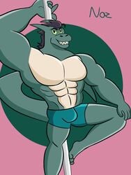 box bulge gabiru green_eyes green_scales hair hand_above_head hand_on_leg male muscular_arms muscular_male scales scalie stripper_pole suggestive wide_shoulders