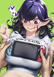 1boy 1girls blueorca blush breast_grab drooling headband nintendo_switch nipple_tweak original original_character outercourse pointy_ears sweat