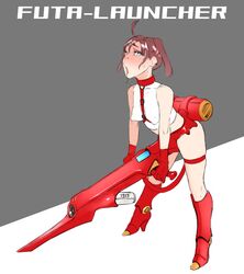 1futa 2021 ahe_gao ahegao ahoge beam_cannon blue_eyes blush brown_hair colored_sketch crotch_cannon drooling english_text erect_nipples erect_nipples_under_clothes futanari gloves highres machine original phallic_symbol red_gloves saliva saliva_string short_twintails simple_background sketch solo_futa straps twintails wana_b weapon