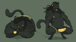 anthro ass black_body black_fur black_hair bulge clothed clothing concoction_(artist) crouching digitigrade dreadlocks ear_piercing erection felid fur gauged_ear genitals hair jaguar lying male mammal mostly_nude musclegut muscular muscular_anthro muscular_male on_front pantherine penis piercing skimpy solo spots tongue tongue_out underwear underwear_down whiskers