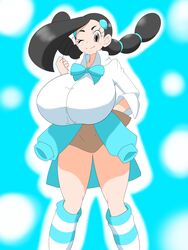 1girls alternate_breast_size bare_thighs big_breasts black_hair blush breasts brown_eyes candice_(pokemon) clenched_hand clothed clothed_female collared_shirt eyelashes female female_only gym_leader huge_breasts kneehighs looking_at_viewer nintendo nuruudon pale-skinned_female pale_skin pokemon pokemon_dppt shirt short_hair short_skirt skirt smile solo solo_female standing striped striped_legwear striped_socks top_heavy white_shirt wink