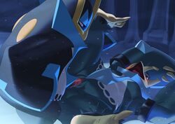 anthro anthro_on_anthro anthro_penetrated anthro_penetrating anthro_penetrating_anthro biped bird_feet black_body blue_body blue_eyes blush cave detailed_background duo empoleon erection eyelashes female female_penetrated from_front_position genitals hi_res katahane3 lying male male/female male_penetrating male_penetrating_female missionary_position multicolored_body nintendo nude on_back open_mouth penetration penile penile_penetration penis penis_in_pussy pokémon_(species) pokemon pussy raised_leg semi-anthro sex standing tongue vaginal_penetration vaginal_penetration video_games