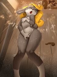 anthro aroused blonde_hair closed_eyes coffekitten female genitals hair hi_res lagomorph leporid long_hair mammal masturbation navel nude pussy rabbit shower signature solo vanilla_(coffekitten)